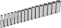 Image of Product. Front orientation. Sockets. Economy 6-Point Socket Sets, Sockets—Chrome-Plated Steel, Metal Clip Rail.