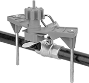 Image of ProductInUse. Shown with Additional Blocking Arm (Sold Separately) and Padlock (Not Included). Front orientation. Lockouts. Universal Valve Lockouts.