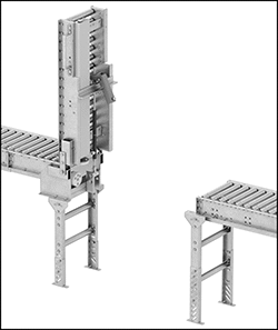 Image of ProductInUse. Conveyor Shown Lifted. Front orientation. Contains Border. Conveyors. Motorized Roller Conveyors, Lift Gate Conveyor.