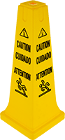 Image of Product. Front orientation. Signs. Stackable Slip and Fall Prevention Signs, Caution/Cuidado/Attention with Watch Your Step Symbol (English/French/Spanish).