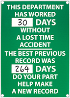 Image of ProductInUse. Front orientation. Signs. Write-On Safety Scoreboard Signs, This Department Has Worked __ Days Without a Lost Time Accident (English).