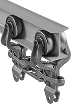 Image of ProductInUse. Chain Shown with Trolleys. Front orientation. Conveyor Trolley Chains.