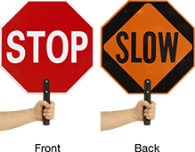 Image of ProductInUse. Front orientation. Contains Annotated, MultipleImages. Signs. Portable Traffic Control Signs, English, Stop (Front)/Slow (Back).
