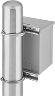 Image of ProductInUse. Enclosure Installed with Pole-Mounting Kit. Front orientation. Electrical Enclosure Pole Mounts.