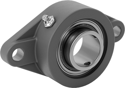 Image of Product. Front orientation. Mounted Ball Bearing with Two-Bolt Flange, Cast Iron Housing, Set Screw, 1-1/4" Shaft, 17/32" Thick.