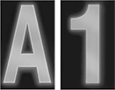 Image of Product. Front orientation. Characters. Reflective Adhesive-Back Characters, Black Background.