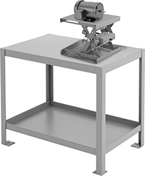 Image of ProductInUse. Front orientation. Lift Tables. Bench-Top Hand-Crank Stationary Lift Tables.