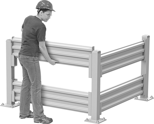 Image of ProductInUse. Guardrail with Three-Rib Slide-In Rails. Front orientation. Corner Post for Double Three-Rib Guardrail.