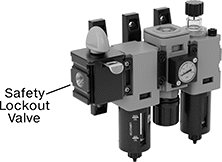 Image of System. Shown Installed. Front orientation. Contains Annotated. Safety Lockout Valves. Safety Lockout Valves for Wilkerson Modular Compressed Air Filter/Regulator/Lubricators (FRLs).