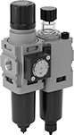 Image of Product. Front orientation. Compressed Air Filter/Regulator/Lubricators. Wilkerson Modular Compressed Air Filter/Regulator/Lubricators (FRLs) , Stacked Components.