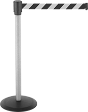 Image of Product. Front orientation. Retractable Belt Barriers. High-Visibility Freestanding Retractable Belt Barriers, Striped Belts.
