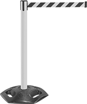 Image of Product. Front orientation. Retractable Belt Barriers. Outdoor Freestanding Retractable Belt Barriers, Striped Belts.