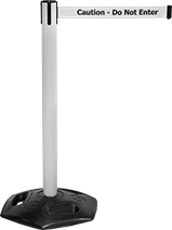 Image of Product. Solid-with-Message Belts. Front orientation. Retractable Belt Barriers. Outdoor Freestanding Retractable Belt Barriers, Solid-with-Message Belt.