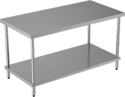 Image of Product. Front orientation. Tables. Adjustable-Height Stainless Steel Tables, Stationary, Stainless Steel Shelf.