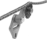 Image of ProductInUse. Vertical Mount Shown with Sprocket (Not Included). Front orientation. Chain and Belt Tensioners. Adjustable-Arm Roller Chain and Belt Tensioners, Vertical Mount.