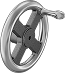Image of Product. Front orientation. Hand Wheels. Unthreaded Through-Hole-Mount Spoked Hand Wheels, Flat Hand Wheels with Revolving Handle, 4 Spokes.