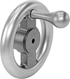 Image of Product. Front orientation. Hand Wheels. Unthreaded Through-Hole-Mount Spoked Hand Wheels, Flat Hand Wheels with Revolving Handle, 2 Spokes.