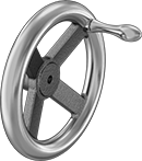 Image of Product. Front orientation. Hand Wheels. Unthreaded Through-Hole-Mount Spoked Hand Wheels, Dished Hand Wheels with Fixed Handle, 4 Spokes.