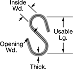 Image of Product. Front orientation. Contains Annotated. S-Hooks. Mil. Spec. S-Hooks—Not for Lifting, Straight Profile with Rounded Hook.