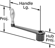 Image of Product. Front orientation. Contains Annotated. Crank Handles. Unthreaded Through-Hole-Mount Crank Handles, Square Hole, Style 9.
