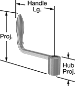 Image of Product. Front orientation. Contains Annotated. Crank Handles. Unthreaded Through-Hole-Mount Crank Handles, Square Hole, Style 9.