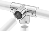 Image of ProductInUse. Front orientation. Exploded view. Slip-On Framing and Fittings. Stainless Steel Slip-On Framing and Fittings, Through-Hole Connectors, Four-Way Tee.