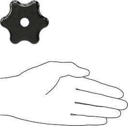 Image of Product. Side1 orientation. Contains SizingReference. Iron Knob, Six Arm Grip, 1/2" Unthreaded Through Hole, 1-1/4" Deep.