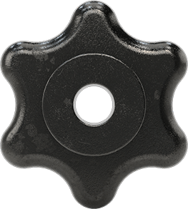 Image of Product. Back orientation. Iron Knob, Six Arm Grip, 1/2" Unthreaded Through Hole, 1-1/4" Deep.