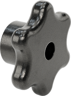 Image of Product. Front orientation. Iron Knob, Six Arm Grip, 1/2" Unthreaded Through Hole, 1-1/4" Deep.