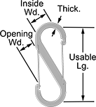 Image of Product. Front orientation. Contains Annotated. S-Hooks. S-Hooks with Latches on Both Ends—Not for Lifting, Straight Profile with Rounded Hook, Spring Latch.