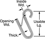 Image of Product. Front orientation. Contains Annotated. S-Hooks. S-Hooks with Latch on One End—Not for Lifting, Straight Profile with Rounded Hook.