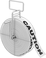 Image of ProductInUse. Wheel Dispenser (Shown with
Message Barrier Tape). Front orientation. Barrier Tape Dispensers. Reusable Barrier Tape Dispensers.