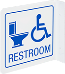 Image of Product. Front orientation. Signs. Flange-Mount Restroom Signs, Two-Way View, Restroom with Accessible Symbol (English).