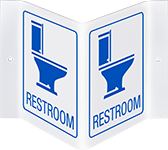 Image of Product. Front orientation. Signs. Flange-Mount Restroom Signs, Three-Way View, Restroom (English).