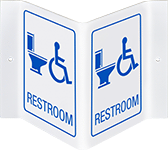 Image of Product. Front orientation. Signs. Flange-Mount Restroom Signs, Three-Way View, Restroom with Accessible Symbol (English).