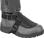 Image of ProductInUse. Plastic Foot Guard with Optional Straps. Front orientation. Adjustable Straps. Foot Guards, Optional Straps.