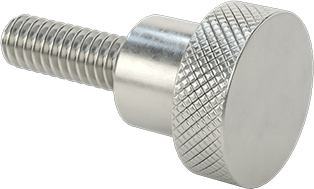 Image of Product. Front orientation. 303 Stainless Steel Knurled Knob, with 1/4"-20 Thread, 3/4" Long Stud, 3/4" Head Diameter.
