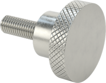 Image of Product. Front orientation. 303 Stainless Steel Knurled Knob, with 5/8"-11 Thread 1-3/4" Long Stud, 2-1/2" Head Diameter.
