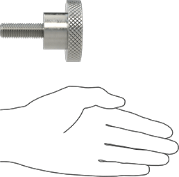Image of Product. Side1 orientation. Contains SizingReference. 303 Stainless Steel Knurled Knob, with 5/8"-11 Thread 1-3/4" Long Stud, 2-1/2" Head Diameter.