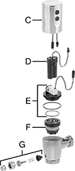 Image of System. Front orientation. Exploded view. Contains Annotated. Flush Valve Replacement Parts. Kohler Flush Valve Replacement Parts, Cover and Body Components, For Touch-Free Operation.