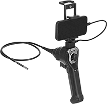 Image of ProductInUse. Shown with Smartphone (Not Included). Front orientation. Joystick Adjustment. Multi-Camera Video-Recording Borescopes for Smartphones and Tablets .