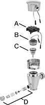 Image of System. Front orientation. Exploded view. Contains Annotated. Flush Valve Replacement Parts. Moen Flush Valve Replacement Parts, Body Components.