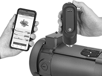 Image of ProductInUse. Sensor Shown with App. Front orientation. Vibration Monitors. Handheld Machine-Monitoring Sensors.