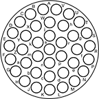 Image of Specification. 38 Poles (Counterclockwise). Front orientation. Contains Annotated. 38 Poles. Mil. Spec. Compatible Connectors, Counterclockwise.