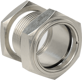 Image of Product. Front orientation. 303 Stainless Steel Through-Wall Sight, for Clear Liquid for 1-1/2" Diameter Hole.
