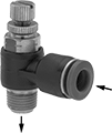 Image of Product. Front orientation. Contains Annotated. Air Flow Control Valves. Elbow Air Flow Control Valves, Push-to-Connect Female Inlet × BSPT Male Outlet.