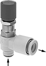 Image of Product. Front orientation. Contains Annotated. Air Flow Control Valves. Elbow Air Flow Control Valves, BSPT Male Inlet × Push-to-Connect Female Outlet, Polybutylene Body with Pressure-Release Button.