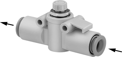 Image of Product. Front orientation. Contains Annotated. Air Flow Control Valve, 1/8" Push-to-Connect Female Inlet Gender.