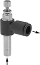 Image of Product. Front orientation. Contains Annotated. Air Flow Control Valves. Elbow Air Flow Control Valves, Quick-Disconnect Male Inlet × Push-to-Connect Female Outlet.