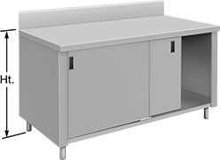 Image of Product. Front orientation. Contains Annotated. Workbenches. Stainless Steel Cabinet Workbenches, Style D.